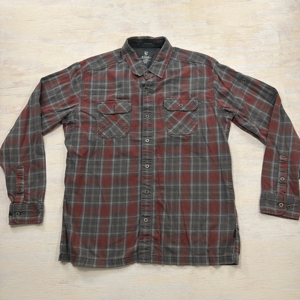 KUHL Button Down Shirt Plaid Flannel Large Long Sleeve Red Grey Mens